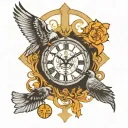 Holy spirit or a pigeon and some Christian symbols like a cross and a Watch or Clock of some kind and Carls symboling ga tattoo design idea