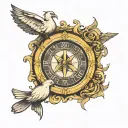 Holy spirit or a pigeon and some Christian symbols like a cross and a Watch or Clock of some kind and Carls symboling ga tattoo design idea