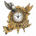 Holy spirit or a pigeon and some Christian symbols like a cross and a Watch or Clock of some kind and Carls symboling ga tattoo design idea