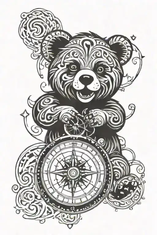 tribal tattoo of a happy bear holding a compass with spirals on it tattoo design idea