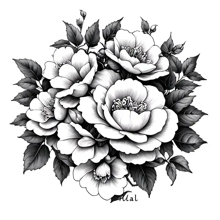 Abigail name tattoo with camellia flower blooming flowers on vine tattoo design idea