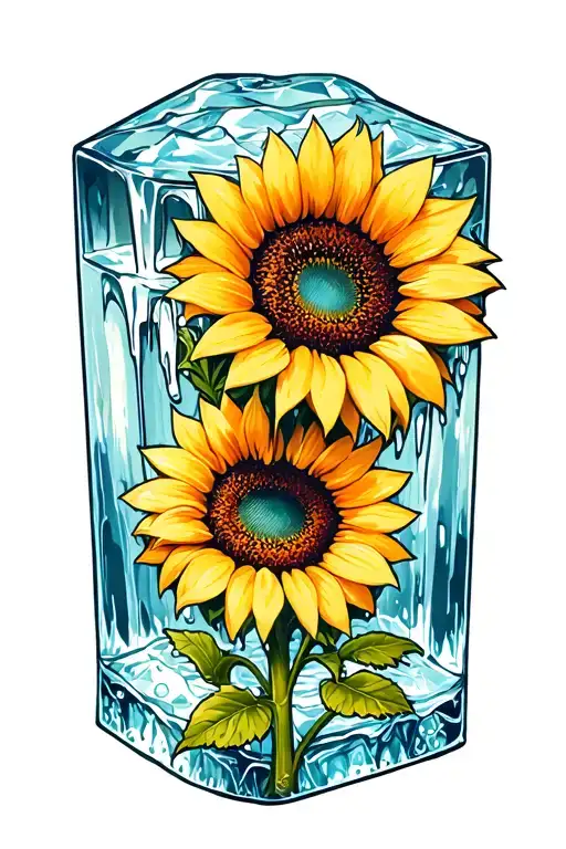 melting ice cube with sunflower blooming tattoo design idea