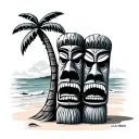 3 tiki statue beach with palm tree tattoo design idea