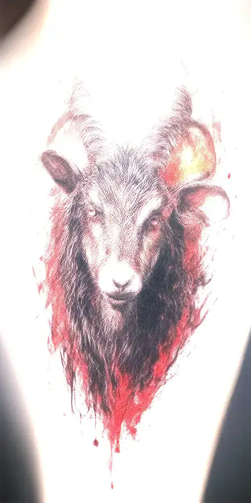 The image shows a tattoo of a Wicked., stylized goat-like creature with dark fur. It has large, Burning horn Witchcraft  tattoo design idea