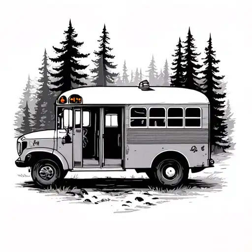 Hippie school bus in woods tattoo design idea
