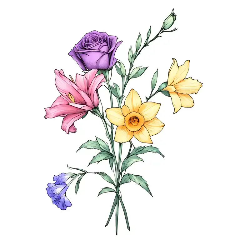 dainty bouquet of a single gladiolus, a single rose, a single daffodil, and sweet pea colors like purples pinks blues tattoo design idea