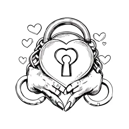 "Chris O'Reilly " heart shaped lock with a keyhole surrounded by heart shaped hand cuffs  tattoo design idea