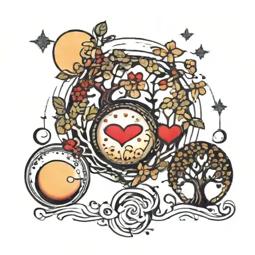 four moons in a row one holds four small hearts the other three small trees tattoo design idea