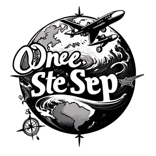 "One Step" in the globe will be aeroplane, waves, compass and One Step subtitle, will be beautiful and nice  tattoo design idea