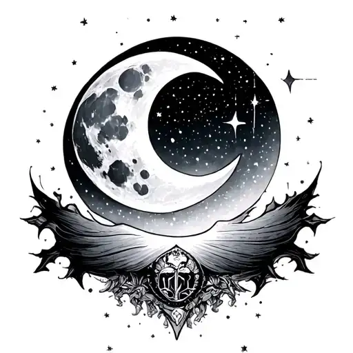 moon and Orion's Belt and stars tattoo design idea