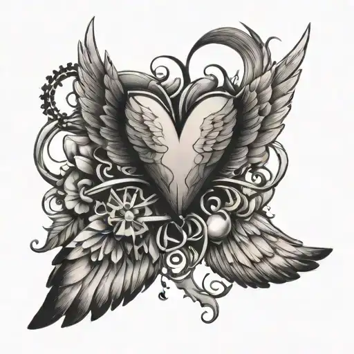Wings, Kompass, Heart beats tattoo design idea