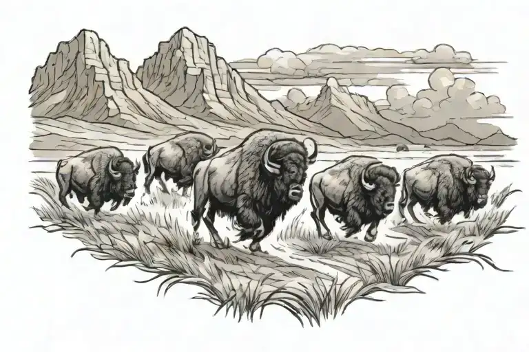 group of bison stampeding across a field (running right to left). they are running into an angry storm with mountains  tattoo design idea