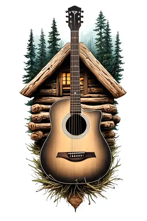 accoustic guitar surrounded by log cabin scene inside tattoo design idea