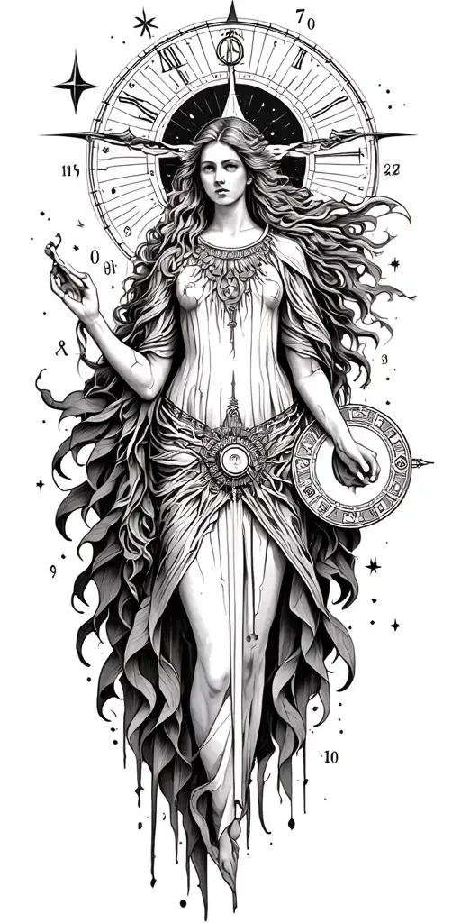 A celestial tattoo design representing astrology Virgo, incorporating elements of time and decay, with a subtle nod to the war in heaven, in a blackwork style tattoo design idea