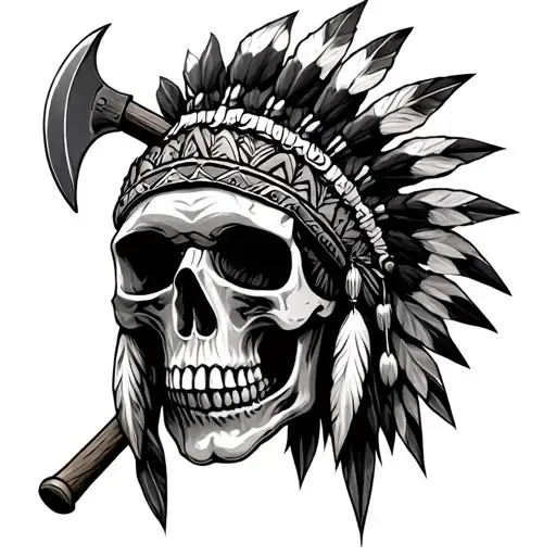 native american skull with tomahawks tattoo design idea