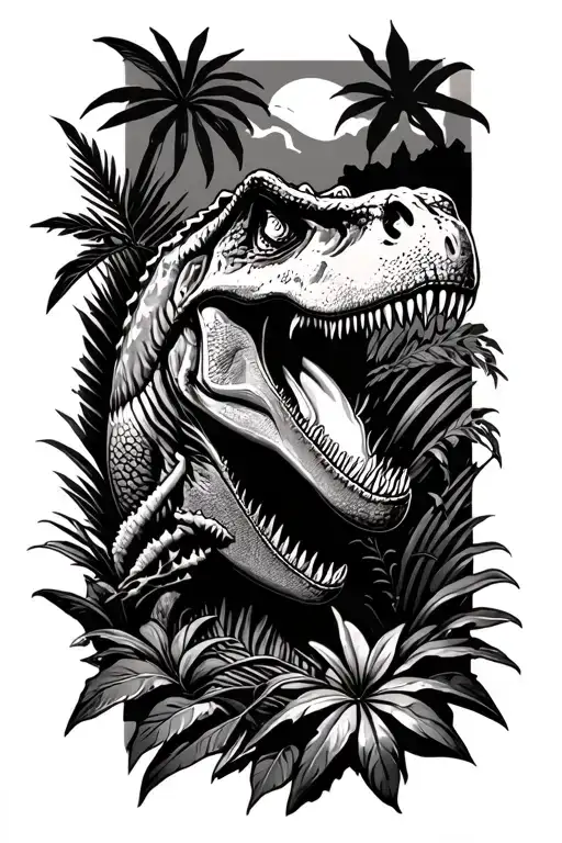 jurassic park style tattoo with some plants, a big T-rex and some more stuff tattoo design idea