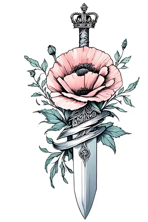 fine line feminine sword wrapped with a poppy topped with a crown tattoo design idea