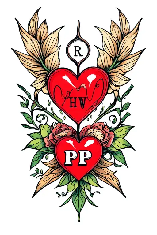 Small tattoo with love heart and the initials RW, HW, LP, PP tattoo design idea