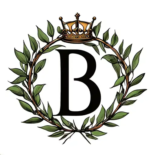letter b in side of an olive branch circle with a crown on top  tattoo design idea