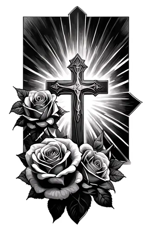 Roses with light beams and a biblical cross tattoo design idea