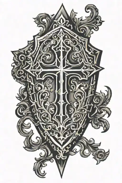 cross inside shield tattoo design idea
