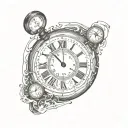 broken clock with hourglass with water and quote " until the end" tattoo design idea