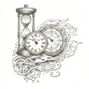 broken clock with hourglass with water and quote " until the end" tattoo design idea