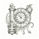 broken clock with hourglass with water and quote " until the end" tattoo design idea