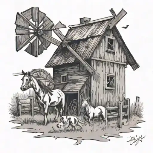 windmill print with horses, dog, cows, pigeons, barn, and rabbit tattoo design idea