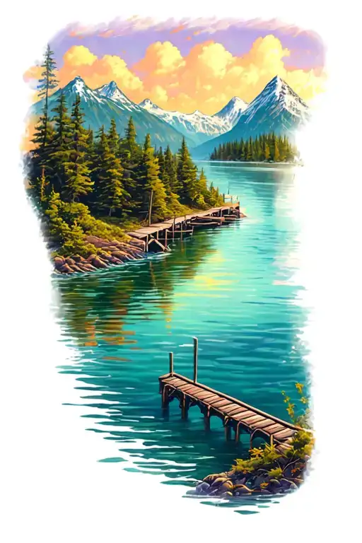 river with mountain and jetty  tattoo design idea