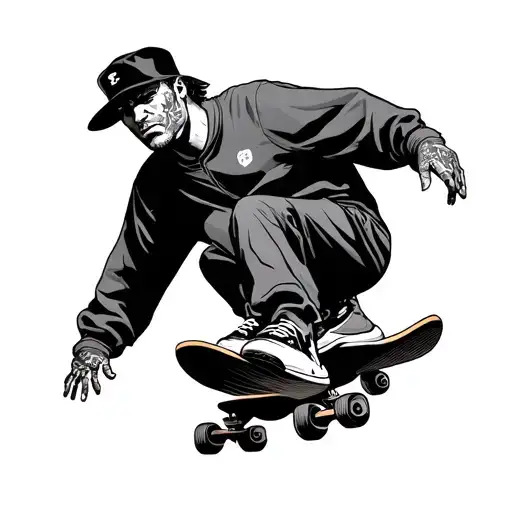 a 70s comic book style new york character with baggy clothes riding a skateboard tattoo design idea