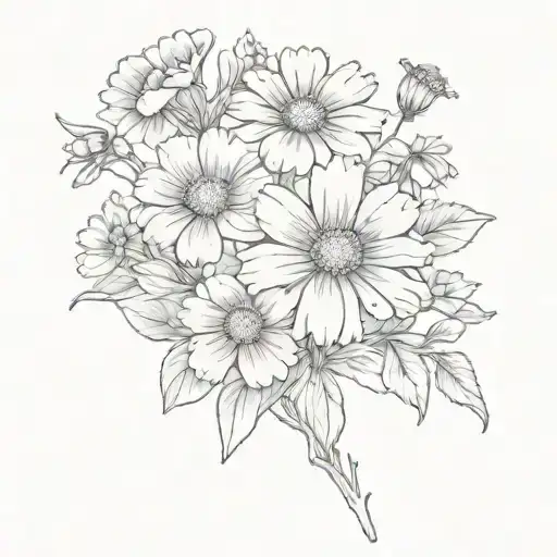 A simple, fine line tattoo, black and white, a bouquet of daisies and carnations tattoo design idea