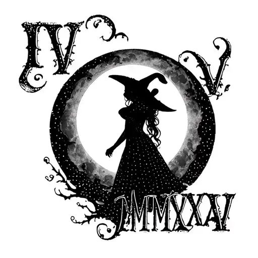 "IV - V - MMXIV" sexy witch bride silhouette over full moon tattoo design idea