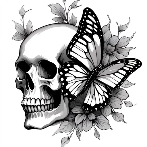 pretty skull and butterfly tattoo design idea