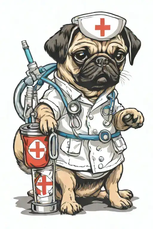 pug dog nurse, syringe, iv bag, bandage, stethoscope tattoo design idea