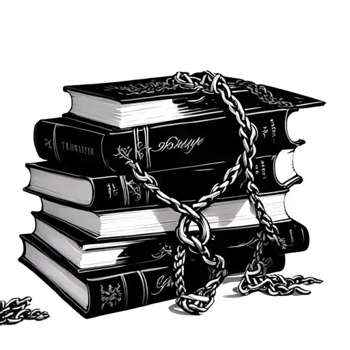 A morally black book stack intertwined with elegant bondage and dark romance objects tattoo design idea