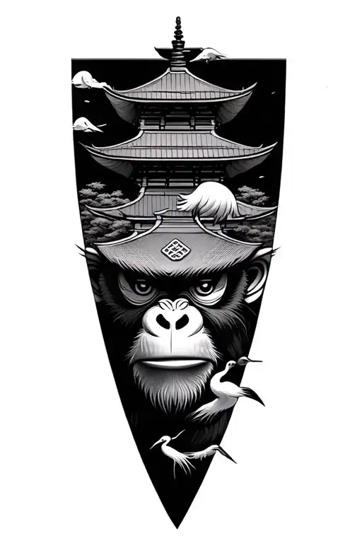 japanese monkey and temple with cranes tattoo design idea