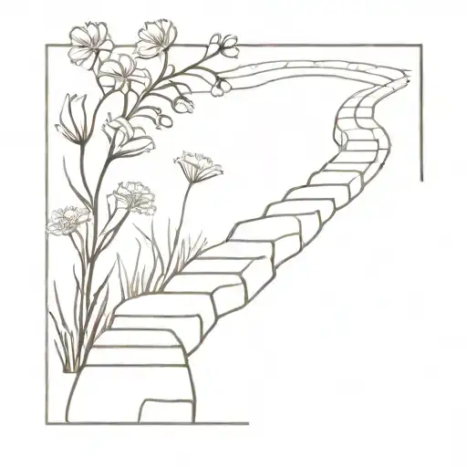 tattoo of a path with cobble stone, with a space for words to go through it, line work. with flowers  tattoo design idea