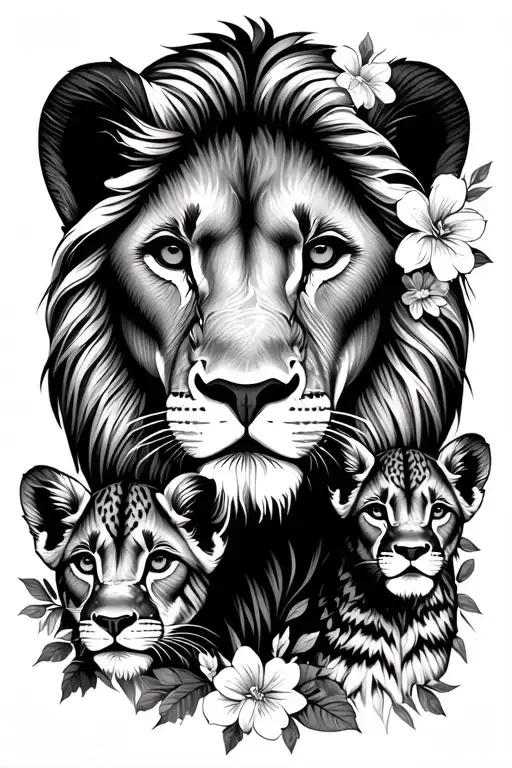stencil outline of female lion head with lion cub with flowers around their ears and incorporated in the portrait tattoo design idea