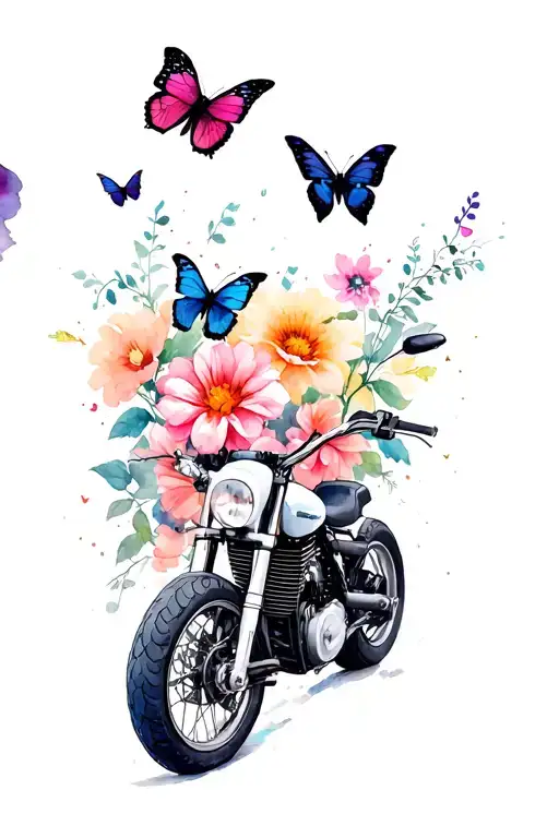 motorbike theme flowers music and butterflies flying tattoo design idea