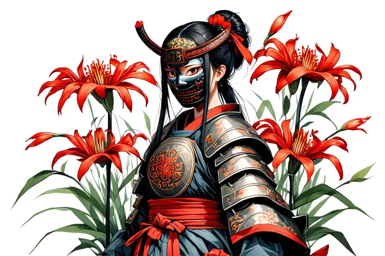 samurai girl wearing a kabuki mask and armor in a field of red spider lilies  tattoo design idea