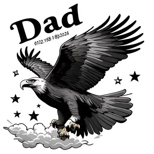 "Dad 01/02/1958-18/09/2024" eagle stars shining clouds tattoo design idea