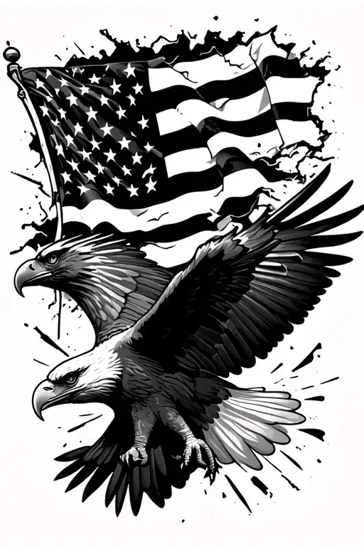 bald eagle flying in front of a tattered american flag tattoo design idea
