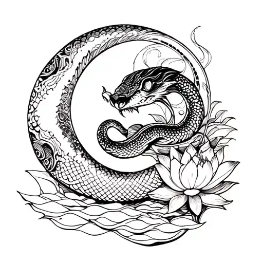 combination of snake,moon,and lotus tattoo design idea