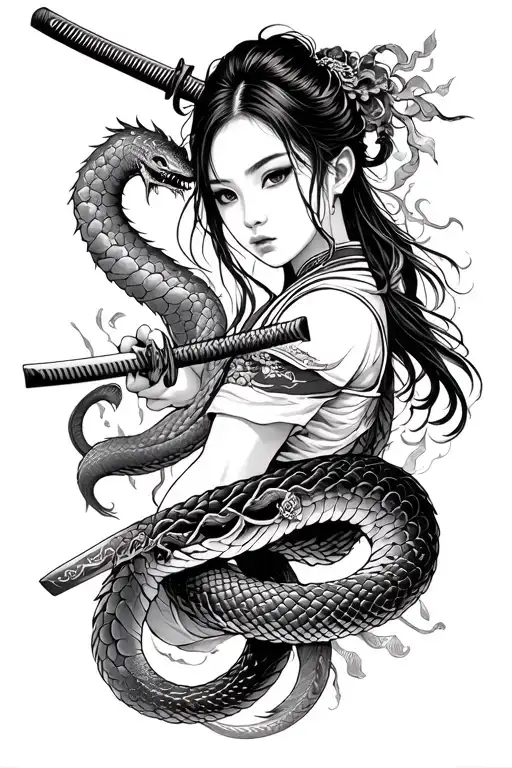 tattoo sleeve Japanese girl with katana in hand, on the reverse side demon, continuation of katana on forearm with snake tattoo design idea