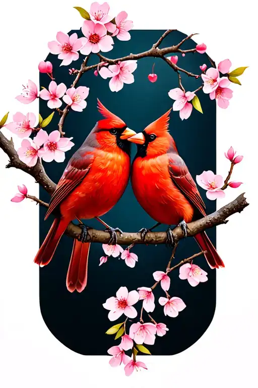 Tattoo design of two cardinals perched on a single akebono cherry blossom branch, facing each other in an intimate pose tattoo design idea