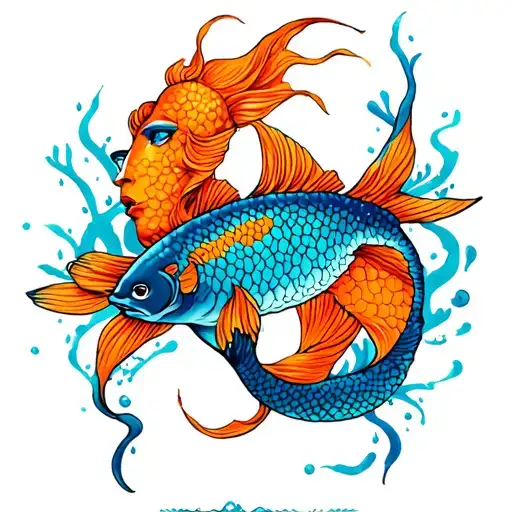 Realistic Pisces tattoo with mermaids on orange blue add in the symbol  somewhere and background elements upper outer th tattoo design idea