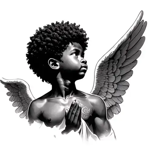 realistic African American angel boy with Afro praying with head looking slightly up for a neck tattoo tattoo design idea