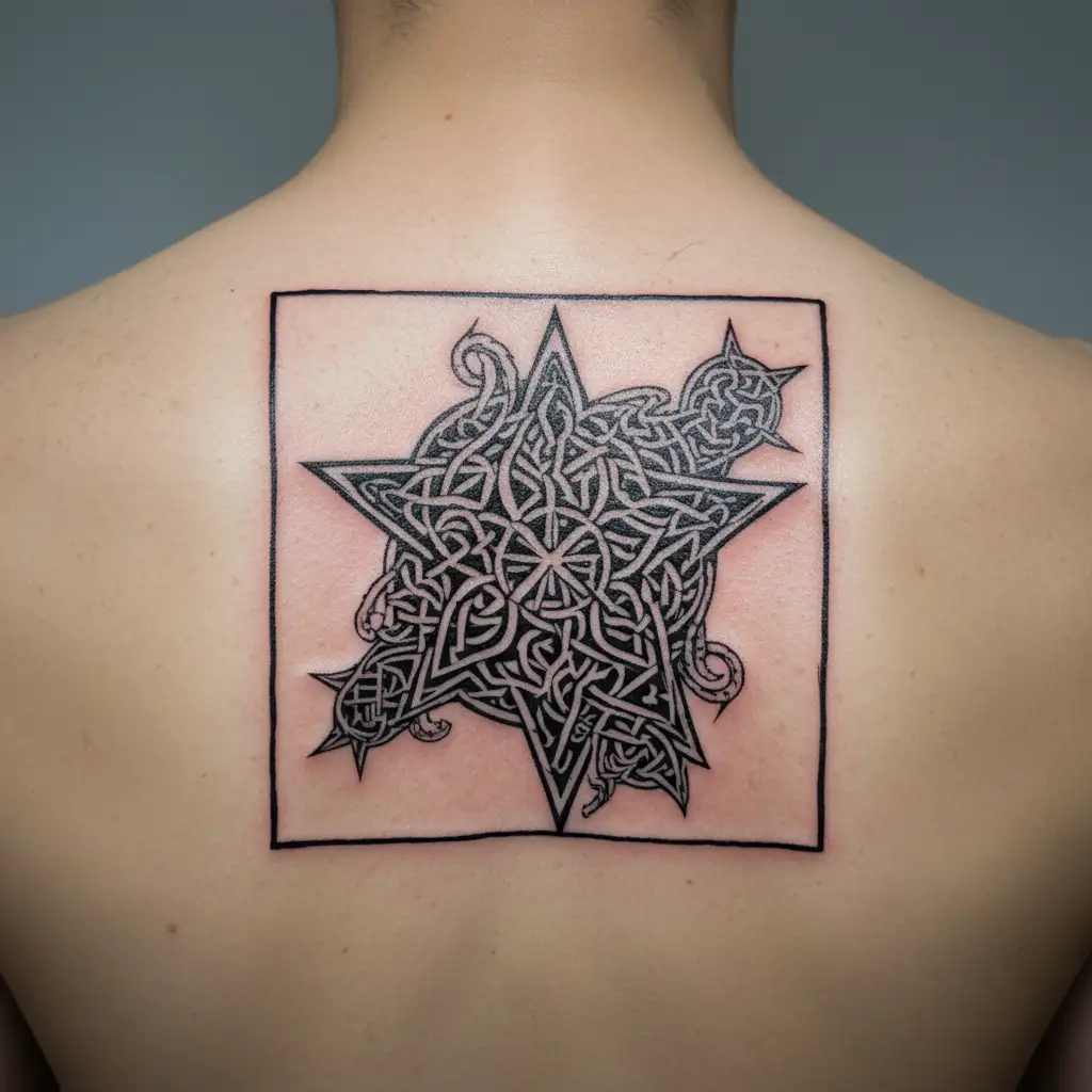 Celtic knotwork incorporating elements from Irish, Hungarian, Austrian, Slovakian, Romanian, Russian, and Italian folklore, with an 8 pointed star as the central design tattoo design idea