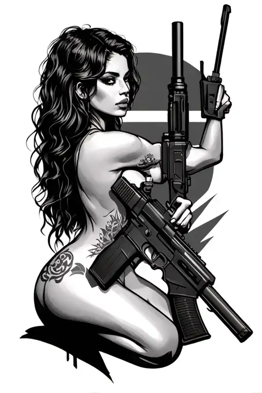 nude tattoo woman hold ar15 assault rifle tattoo design idea